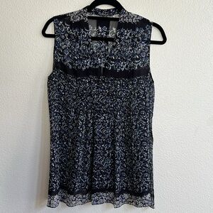 ELIE TAHARI Blue Floral Silk Semi Sheer Sleeveless Snap Front Tunic Blouse S